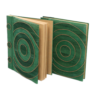 Natural fiber notebooks, 'Hypnotic Turquoise' (pair) - Rice Paper Notebooks (Pair)