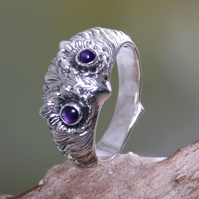 Amethyst ring, 'Owl Wisdom' - Amethyst and Silver Bird Ring