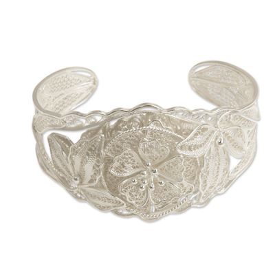 Handmade Sterling Silver Delicate Filigree Wide Flower Bracelet