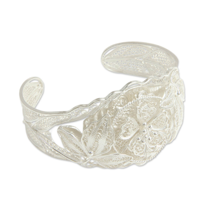 Manschettenarmband aus Sterlingsilber - Damenarmband aus filigranem Sterlingsilber mit Blumenmuster