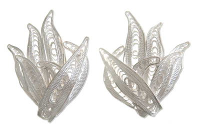 Sterling silver clip-on earrings, 'Filigree Leaves' - Sterling silver clip-on earrings