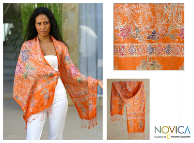 Silk batik shawl, 'Carnelian Mums' - Handmade Orange Batik Shawl Wrap