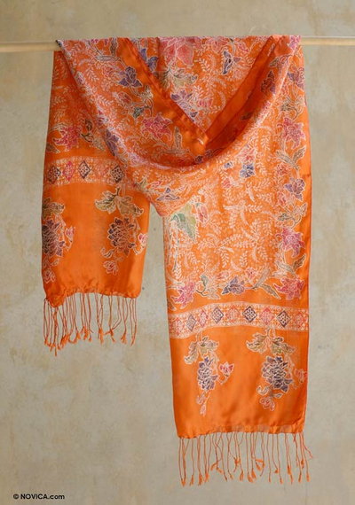 Silk batik shawl, 'Carnelian Mums' - Handmade Orange Batik Shawl Wrap