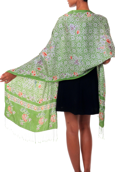 Silk batik shawl, 'Jade Mums' - Batik Silk Patterned Shawl