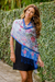 Silk batik shawl, 'Sapphire Mums' - Blue Batik Silk Shawl thumbail