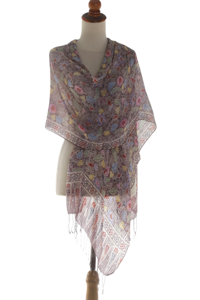 Silk batik shawl, 'Euphoria' - Handcrafted Floral Silk Wrap Shawl