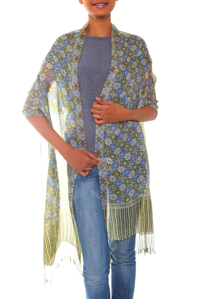 Silk batik shawl, 'Floral Stars' - Handcrafted Batik Silk Patterned Shawl