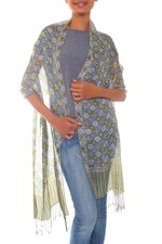 Silk batik shawl, 'Floral Stars' - Handcrafted Batik Silk Patterned Shawl