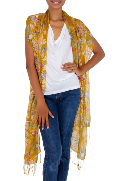 Silk batik shawl, 'Butterfly Bliss' - Handmade Batik Silk Shawl Wrap