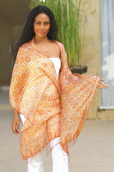 Silk batik shawl, 'Ginger Jasmine' - Hand Made Floral Silk Shawl
