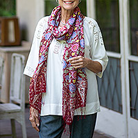 Silk batik shawl, 'Wine Garden' - Floral Batik Silk Shawl