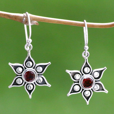 Garnet flower earrings, 'Poinsettias' - Floral Garnet Sterling Silver Dangle Earrings