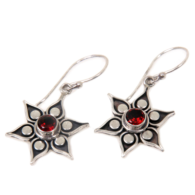 Garnet flower earrings, 'Poinsettias' - Floral Garnet Sterling Silver Dangle Earrings