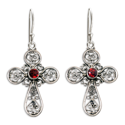 Garnet dangle earrings, 'Indonesian Cross' - Sterling Silver Garnet Cross Earrings