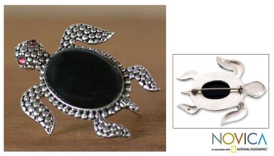 Onyx and garnet brooch pin, 'Black Sea Turtle' - Onyx Sterling Silver Sea Leaf Brooch Pin