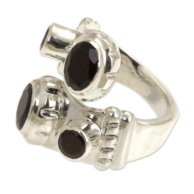 Garnet sterling silver wrap ring, 'Comet' - Indonesian Sterling Silver and Garnet Wrap Ring