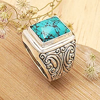 Sterling silver ring, 'Sky Crown' - Unisex Sterling Silver and Reconstituted Turquoise Ring