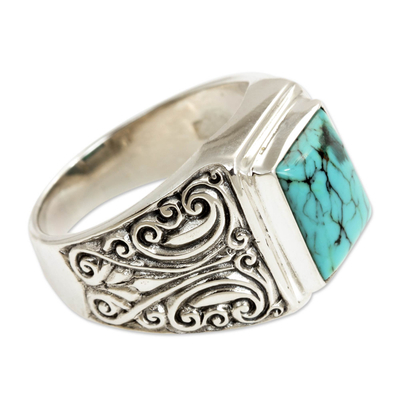 Sterling silver ring, 'Sky Crown' - Unisex Sterling Silver and Reconstituted Turquoise Ring