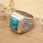 Sterling silver ring, 'Sky Crown' - Unisex Sterling Silver and Reconstituted Turquoise Ring
