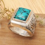 Sterling silver ring, 'Sky Crown' - Unisex Sterling Silver and Reconstituted Turquoise Ring