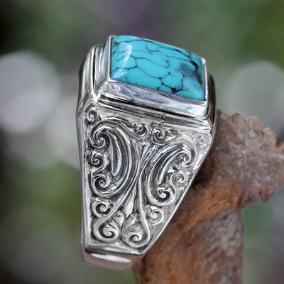 Sterling silver ring, 'Sky Crown' - Unisex Sterling Silver and Reconstituted Turquoise Ring
