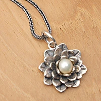 Pearl pendant necklace, 'Sacred White Lotus'