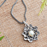 Sterling Silver and Pearl Pendant Necklace, 'Sacred White Lotus'