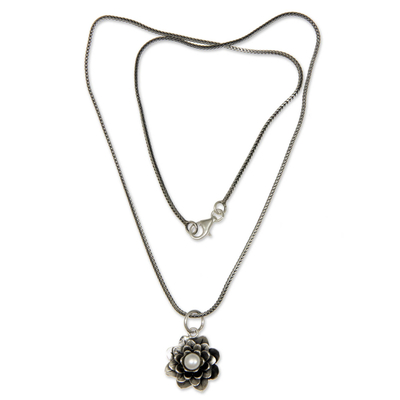 Pearl pendant necklace, 'Sacred White Lotus' - Sterling Silver and Pearl Pendant Necklace