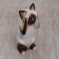 Wood sculpture, 'See No Evil Siamese Cat' - Handcrafted Albesia Wood Sculpture