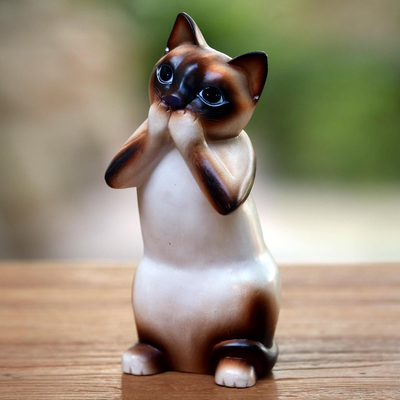 Wood statuette, 'Speak No Evil Siamese Cat' - Original Hand Carved Wood Sculpture
