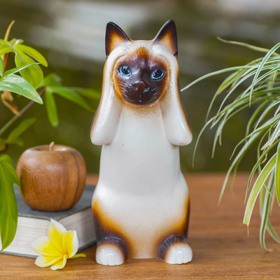 Wood sculpture, 'Hear No Evil Siamese Cat' - Artisan Crafted Wood Sculpture