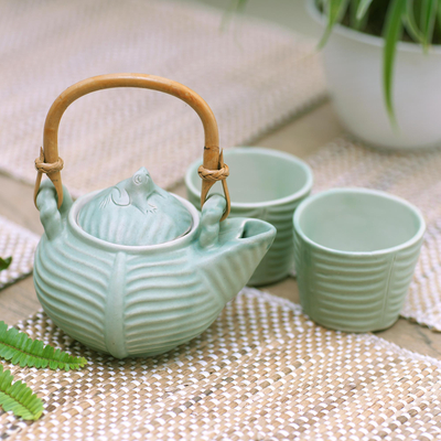 Juego de té de cerámica, (juego para 2) - Juego de té de cerámica Leaf and Tree de Indonesia (juego para 2)