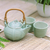 Ceramic tea set, 'Banana Frog' (set for 2) - Leaf and Tree Ceramic Tea Set from Indonesia (Set for 2)