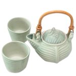 Ceramic tea set, 'Banana Frog' (set for 2) - Leaf and Tree Ceramic Tea Set from Indonesia (Set for 2)