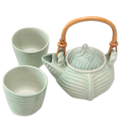 Keramik-Teeservice, (Set für 2) - Blatt- und Baum-Teeservice aus Keramik aus Indonesien (Set für 2)