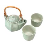Ceramic tea set, 'Banana Frog' (set for 2) - Leaf and Tree Ceramic Tea Set from Indonesia (Set for 2)