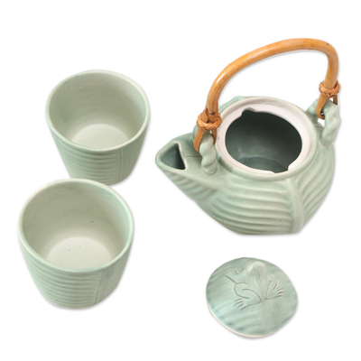Ceramic tea set, 'Banana Frog' (set for 2) - Leaf and Tree Ceramic Tea Set from Indonesia (Set for 2)