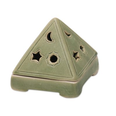 Ceramic tealight candleholder, 'Pyramid of Light' - Ceramic Pyramid Candleholder Handcrafted in Bali