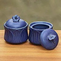 Ceramic condiment jars, 'Blue Frangipani' (pair) - Blue Floral Ceramic Balinese Condiment Jars (Set of 2)