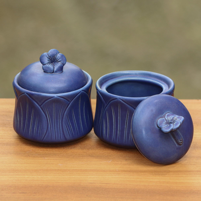 Tarros de condimentos de cerámica, (par) - Tarros de condimentos balineses de cerámica floral azul (juego de 2)