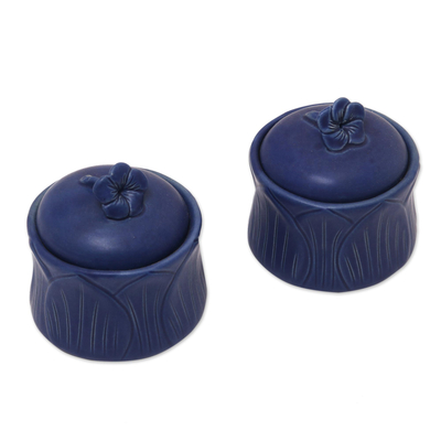 Ceramic condiment jars, 'Blue Frangipani' (pair) - Blue Floral Ceramic Balinese Condiment Jars (Set of 2)