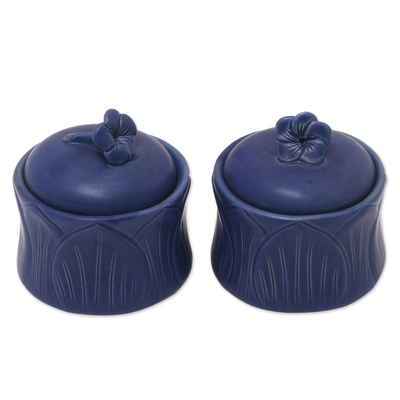 Ceramic condiment jars, 'Blue Frangipani' (pair) - Blue Floral Ceramic Balinese Condiment Jars (Set of 2)