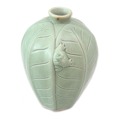 Handcrafted Ceramic Vase with Leaves and Frog