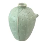 Ceramic vase, 'Frangipani Frog' - Handcrafted Ceramic Vase with Leaves and Frog