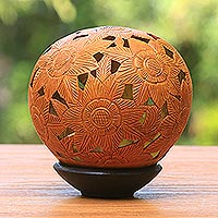 Coconut shell sculpture, 'Sunflowers' - Floral Coconut Shell Sculpture with Stand