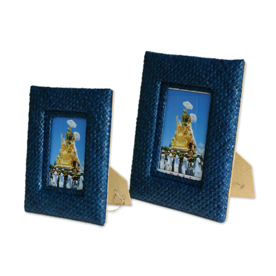 Pandanus photo frames, 'Natural in Blue' (pair) - Pandanus photo frames (Pair)