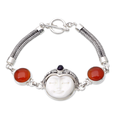 Carnelian and amethyst bracelet, 'Prince' - Carnelian Sterling Silver Link Bracelet
