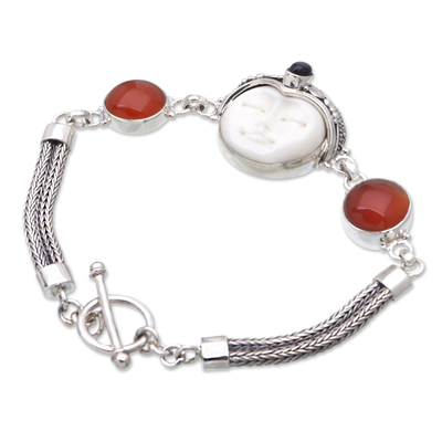 Carnelian and amethyst bracelet, 'Prince' - Carnelian Sterling Silver Link Bracelet