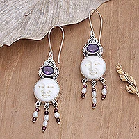 Amethyst and pearl dangle earrings, 'Moon Prince' - Amethyst and Pearl Chandelier Earrings