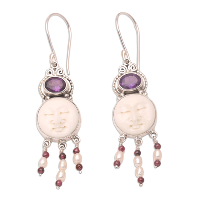 Amethyst and pearl dangle earrings, 'Moon Prince' - Amethyst and Pearl Chandelier Earrings